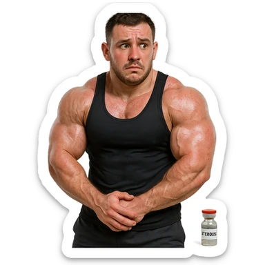 beginner bodybuilder with swollen muscles, reddened skin, nervous look, wearing sportswear, bottle of anabolic steroids next to him, realistic details, isolated on white background sticker