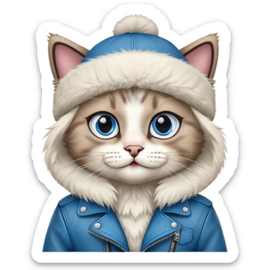 Ragdoll cat wearing a leather jacket and a beanie sticker