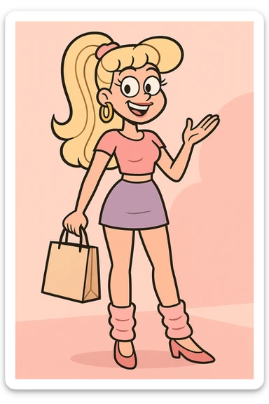 valley girl holding a shopping bag, wearing crop top, miniskirt, leg warmers, confident bubbly smile sticker