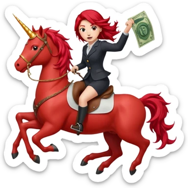 red horse red hair agressive unicorn running money on on the saddle sticker