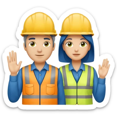 Um homem e uma mulher amarelos com capacete de obras azul escuro e camisa social cinza com faixas refletivas verdes nos braços. Um deles deve estar segurando um megafone sticker