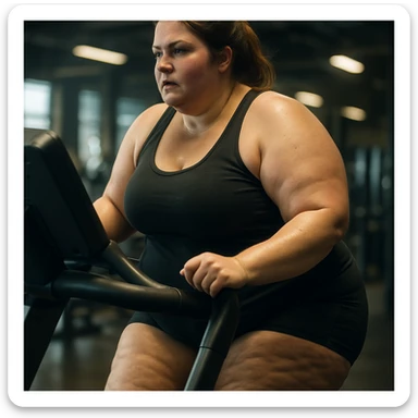 hyper realistic 4K image of a woman doing cardio on a treadmill, legs and thighs with stubborn fat, realistic details, cinematic gym background sticker