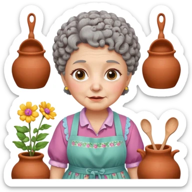 cartoon Apple iOS emoji style rural elderly woman, chubby face, short gray curly hair, flowery blouse, colorful apron, big expressive eyes, pastel colors, Chilean wooden kitchen background, clay pots, warm light, detailed and clean vector art sticker