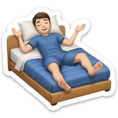 A man in bed laying down under covers kicking feet in air because so excited to sleep. Eyes are closed and he is smiling and Show his feet sticker