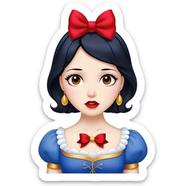 Cinematic Elegant Snow White Portrait Emoji, rendered in a realistic, vector-style with minimal shading and bold, simplified shapes. Depict Snow White (chest and above) with flawless porcelain skin, expressive deep brown eyes, and lustrous raven hair neatly styled with a red bow, wearing her classic blue and gold dress. The image glows with a soft, pure radiance and high shine, capturing timeless beauty and gentle grace. sticker