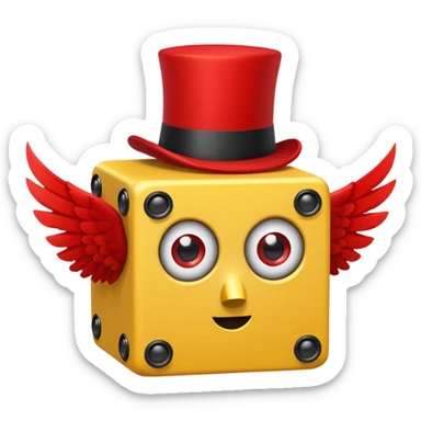 yellow lucky block, with 2 red question marks for the pupils inside the eyes, wings, and a red top hat, and has the :3 face  sticker