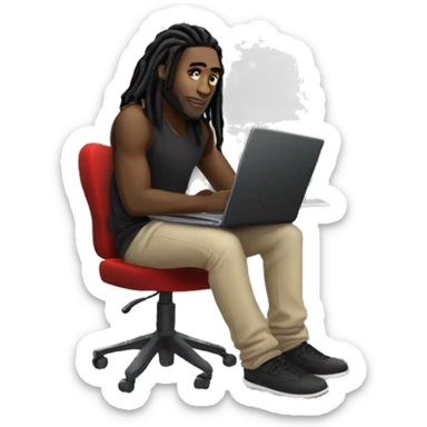 Black-guy-with-dreads-wearing-black-trackstuit-sitting-down-on-chair facing-foward-focused-on-laptop-computer- sticker