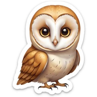 Cinematic Cute Barn Owl Portrait Emoji, Head tilted playfully and inquisitively, featuring a softly mottled Fur of white and brown with delicate feather patterns, round, sparkling amber eyes filled with curious wonder, Simplified yet irresistibly adorable features, highly detailed, glowing with a warm, friendly glow, high shine, affectionate and gentle, stylized with a touch of barnyard whimsy, bright and endearing, soft glowing outline, capturing the essence of a mischievous yet loving owl, so playful it feels like it could swoop out of the screen and into your arms! sticker