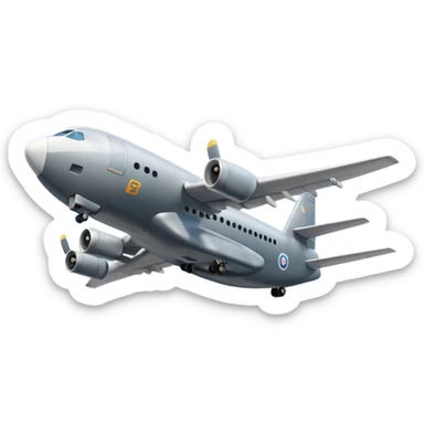 A 3D cartoon cargo aircraft with large body and rear loading door, mid-flight with faint clouds, Memoji-style realism. sticker