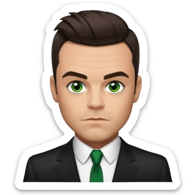 Robbie Williams with dark brown hair, green eyes, suit sticker