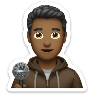 a journalist with brown hiar holding a microphone sticker