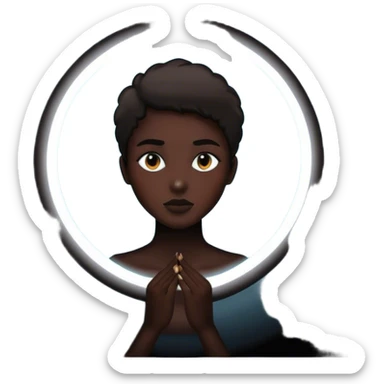 Un espejo con un brillo hipnótico en el centro de un espacio oscuro y una persona en silueta negra sticker