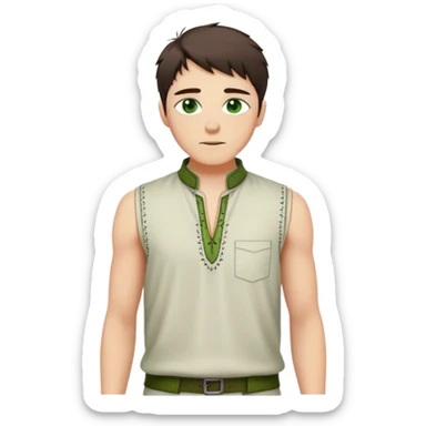 medieval summer outfit worn by a DnD themed fantasy male character. lightweight sleeveless tunic with a short standing collar and decorative stitching along the hem. clothes only above the waist. The clothes full waist. The character's haven't arms. character is white-skinned, dark brown hair, green eyes, short messy hair. sticker