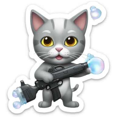 grey cat with a bubblegun in her hand  sticker