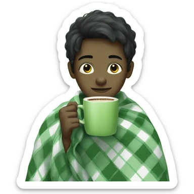 black hair boy wrapped in pastel green plaid blanket drinking coffee sticker
