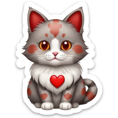 Grey Brown cat with red spots and a white heart sticker