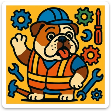 English Bulldog in an engineer's vest, surrounded by gears and tools, fun expressive style sticker