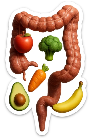 emoji stile iphone in 3d di cibo sano che fluttua in aria vericalmente insieme ùa pezzi di colon umano anatomico, iperrealistico 4k sticker