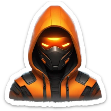  developer behind his laptop with this style : crysis Cyberpunk Valorant orange glowing bright orange character orange black hooded assassin themed character sticker
