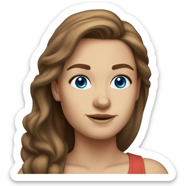 A head and shoulders shot of a 32 year old Caucasian woman, with long brown hair,   with blue eyes wearing a t-shirt. sticker