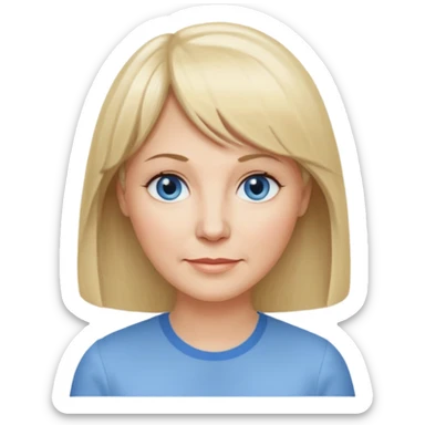 50 yr old white woman, center parted hair with bangs, very long straight blond hair, oval face, small smile, blue eyes, thin face, hair downback, hair parted at center of head, round cheeks, pale, longer hair, white shirt sticker
