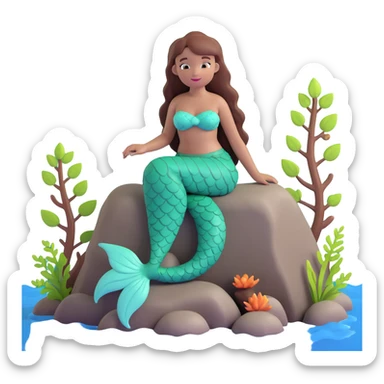 mermaid emoji with chestnut brown hair and a forest green tail, sitting on a rock sticker