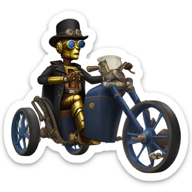 Old west Bounty hunter C-3PO Jedi wearing a pair of navy-blue rimmed steampunk goggles, hat, leather chaps, fringe jacket riding a relaxed 3 wheeler trike steampunk rat rod motorcycle with large fenders and saddlebags in desert town  sticker