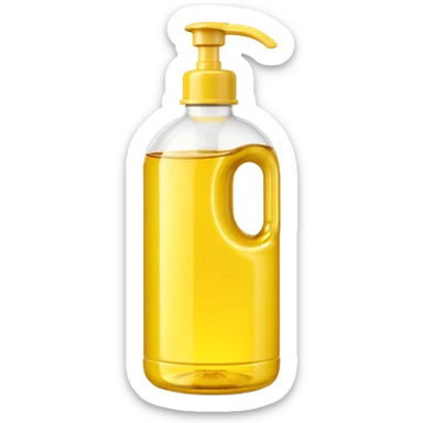 yellow plastic oil bottle, tall, rounded, molded lines, built-in handle, glossy, yellow cap, white neck, soft reflections, gentle shadows, no branding, no label, no food, no faces, clean 3D, soft shadows, transparent background, emoji scale sticker