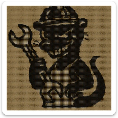 AN ANTHROPOMORPHIC WEASEL WITH A HARDHAT AND A LARGE SPANNER WRENCH - AIRPLANE FUSELAGE nose art 1940s era - he has a very VERY dark and mischevious look in his eye- grinning - digital scanner projection, virtual digital RETRO DOS ASCII ART sticker
