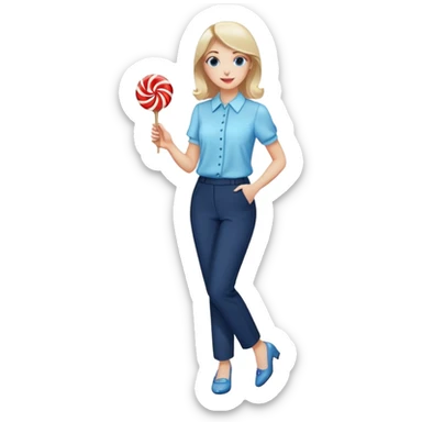 female smart light blue blouse, dark trousers, shoes. one hand holding a lolly sticker
