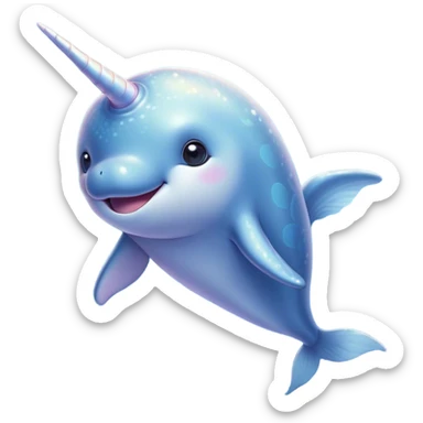 Cinematic Cute Cute Narwhal Portrait Emoji, Head tilted playfully and inquisitively, featuring a charming, sleek body with softly iridescent skin, a prominently spiraled tusk and large, twinkling eyes full of gentle wonder, Simplified yet irresistibly adorable features, highly detailed, glowing with a warm, inviting ocean glow, high shine, affectionate and lively, stylized with a touch of magical sea whimsy, soft glowing outline, capturing the essence of a mischievous yet endearing cute narwhal that seems as if it could frolic out of the screen into your heart! sticker