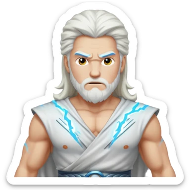 Zeus, whole body, white clothes, long white  hair, lightnings, determined face sticker
