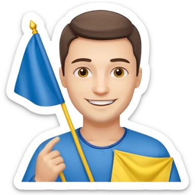 a Ukrainian man holding a Ukrainian flag sticker