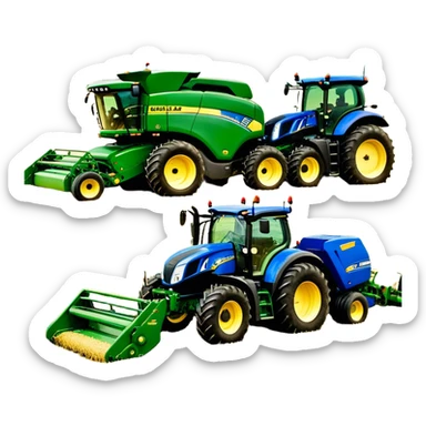 Baler – New Holland Roll-Belt 560 (2018) – Cinematic-realistic John Deere 6155M tractor towing a New Holland Roll-Belt 560 baler, its deep green body contrasting with the bright blue baler. The massive machine moves steadily through golden fields, compressing freshly cut hay into tight round bales, while dust swirls under the blazing afternoon sun. sticker