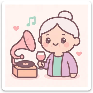 old lady with wineglass listening to gramophone sticker