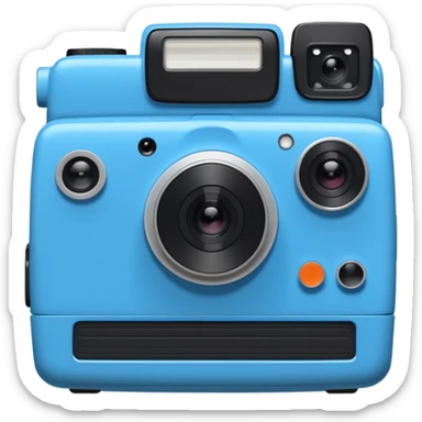 A hand-drawn doodle in a minimalist, cartoon style of a [instant camera]. The object is white with thick, rough, black marker outlines and two small black dot eyes. It is a simple sketch with no realistic textures, centered on a solid [blue] circular background." sticker