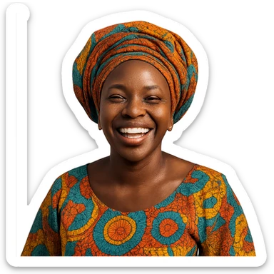 a Nigerian Black woman smiling with headwrap, colorful attire, joyful, clear background sticker