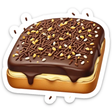 Hagelslag Cinematic Realistic Hagelslag Treat Emoji, depicted as crunchy chocolate sprinkles scattered on a slice of buttered bread, rendered with vivid textures and playful, inviting lighting. sticker