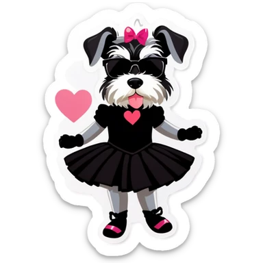 Schnauzer in a black ballerina out with heart sunglasses  sticker