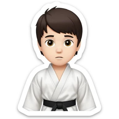 Emo 11 year old boy with white karate robe and black belt. With white skin and dark brown Justin Bieber hair. sticker