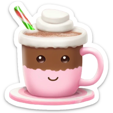 hot chocolate with marshmallows and little peppermint on the side with a light pink ribbon tied around hot chocolate cup sticker