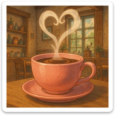 a pink mocha with steam forming a heart, cute and inviting, in Ghibli style sticker