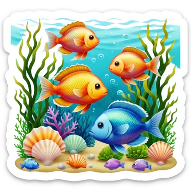 Exotic fishes swimming among algae and seashells  sticker