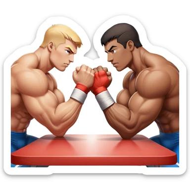 Two athletes engaged in an intense arm wrestling match, their muscles straining as they battle for dominance. The scene captures the powerful clash of strength, with close-ups on the hands locked in a firm grip, sweat glistening under bright lights. The background features a wrestling table. sticker