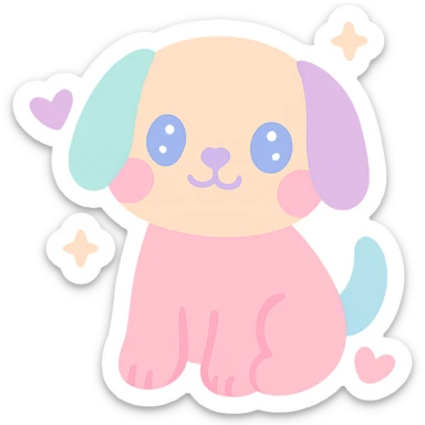 {
  "style_description": {
    "overall_look": "Cute, minimal, and soft with a friendly and playful tone",
    "material_simulation": {
      "primary_material": "flat digital color",
      "texture_detail": "smooth surfaces with no texture or shading",
      "pattern": "none or very simple decorative accents (e.g., hearts, stars)"
    },
    "geometry": {
      "edge_style": "rounded, soft curves with no sharp angles",
      "dimensionality": "flat two-dimensional appearance with simple shapes"
    },
    "color_palette": {
      "scheme": "pastel and light tones",
      "preferred_colors": ["pink", "mint", "lavender", "baby blue", "peach"],
      "contrast": "low contrast with bright accents"
    },
    "facial_features": {
      "eyes": "large, sparkly, often oval or circular",
      "mouth": "small, often a simple curve or dot",
      "expression": "joyful, innocent, or calm"
    },
    "lighting": {
      "type": "none or implied with soft highlights",
      "purpose": "maintain a clean and cheerful look"
    },
    "render_constraints": {
      "avoid": ["realistic shading", "high detail", "dark themes", "texture noise"],
      "focus_on": ["cute expression", "iconic simplicity", "emotional warmth"]
    },
    "background": {
      "color": "white or soft pastel",
      "style": "plain or patterned with simple icons (e.g., polka dots, stars)",
      "lighting_consistency": "no shadows, evenly lit feel"
    }
  }
}

{subject} = dog sticker