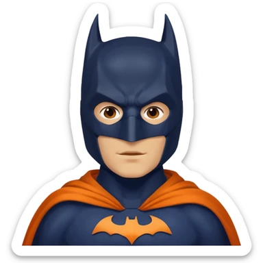 generate a batman emoji with just the face and neck showing and part of the cloak and and wings. Shade the mask in dark navy blue. Shade the chest in a bright medium olive green. Shade the cloak in a solid vibrant orange sticker