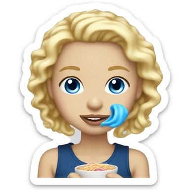 Blonde with light pink lips and blue eyes eating ramen sticker