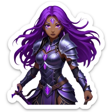 A mysterious warrior girl with long, flowing purple hair catching the dim light. Her glowing violet eyes stare forward, unwavering. She wears sleek black armor, adorned with silver runes that pulse faintly with hidden power. A dark mist swirls at her feet, hinting at the energy she commands. sticker