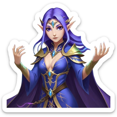 Cinematic Realistic WoW Elf Mage Portrait, captured in a dynamic, battle-ready stance, her graceful form exuding raw arcane energy. Her luminous skin and delicate features, set against an intricately detailed robe in consistent deep blues and purples with golden accents, are rendered with lifelike texture and dynamic, magical lighting, high shine, fierce and commanding, embodying the relentless spirit of an elven sorceress mid-spell. sticker