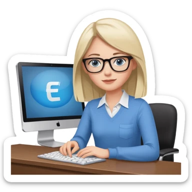 donna occhi azzurri con occhiali, capelli media lunghezza lisci, davanti al pc alla sua scrivania. è una grafica editoriale e redattrice sticker